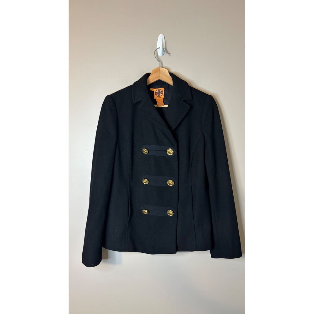 Tory Burch Peacoat Womens size 2 Black Wool Blend Double Breasted Gold Buttons